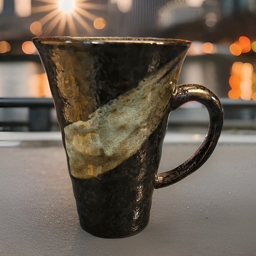 Large Asian Sumi-e Black Brush Stroke Textured Coffee Tea Mug Cup Redware